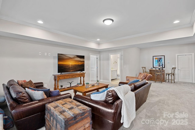 112 Nautilus Ct, Troutman, NC 28166 - living room featuring a tray ceiling, light carpet, crown molding, recessed lighting, and baseboards