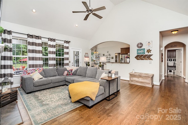 6603 Havencrest Dr, Denver, NC 28037 - living room featuring arched walkways, a ceiling fan, high vaulted ceiling, wood finished floors, and recessed lighting