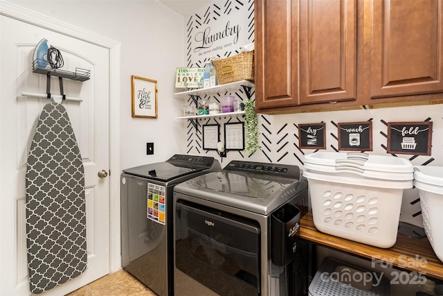 6603 Havencrest Dr, Denver, NC 28037 - clothes washing area featuring washer and dryer, cabinet space, and light tile patterned flooring