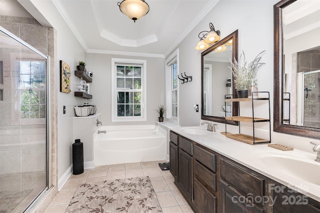 6603 Havencrest Dr, Denver, NC 28037 - full bath featuring plenty of natural light, a stall shower, a garden tub, crown molding, and tile patterned flooring