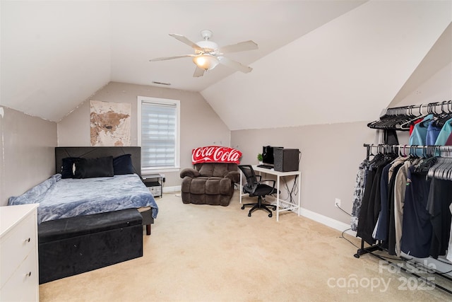 6603 Havencrest Dr, Denver, NC 28037 - bedroom with baseboards, vaulted ceiling, light colored carpet, and a ceiling fan