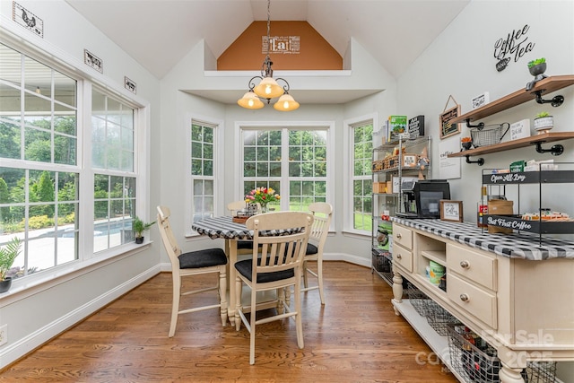 6603 Havencrest Dr, Denver, NC 28037 - dining space featuring lofted ceiling, wood finished floors, plenty of natural light, and a chandelier