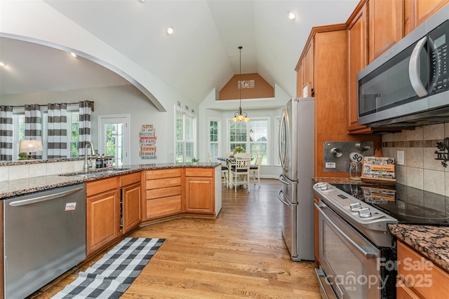 6603 Havencrest Dr, Denver, NC 28037 - kitchen featuring stainless steel appliances, light wood finished floors, lofted ceiling, healthy amount of natural light, and dark stone countertops