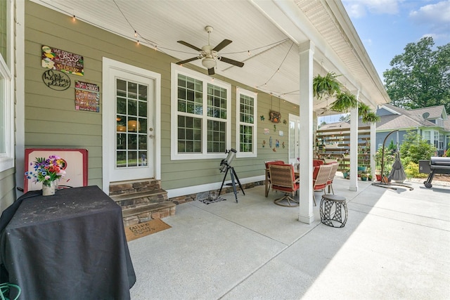 6603 Havencrest Dr, Denver, NC 28037 - view of patio / terrace featuring a ceiling fan, outdoor dining space, and entry steps