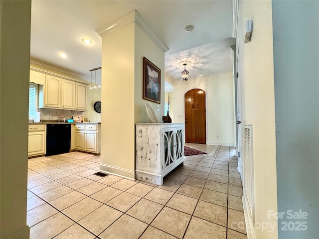 5518 Land Harbour Dr, Granite Falls, NC 28630 - hall featuring arched walkways, light tile patterned floors, baseboards, ornamental molding, and recessed lighting