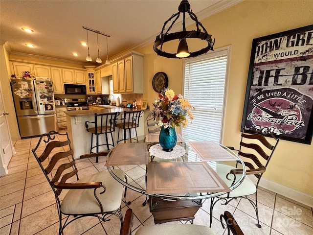 5518 Land Harbour Dr, Granite Falls, NC 28630 - dining area featuring baseboards, ornamental molding, light tile patterned flooring, and recessed lighting