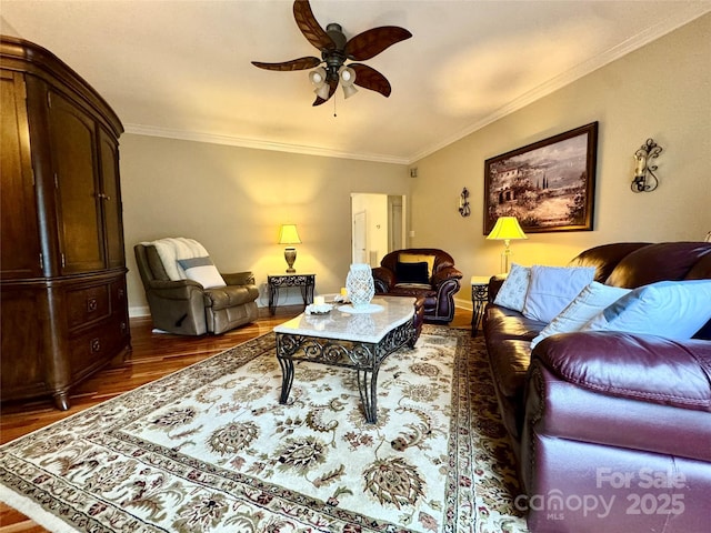 5518 Land Harbour Dr, Granite Falls, NC 28630 - living room featuring crown molding, baseboards, ceiling fan, and wood finished floors