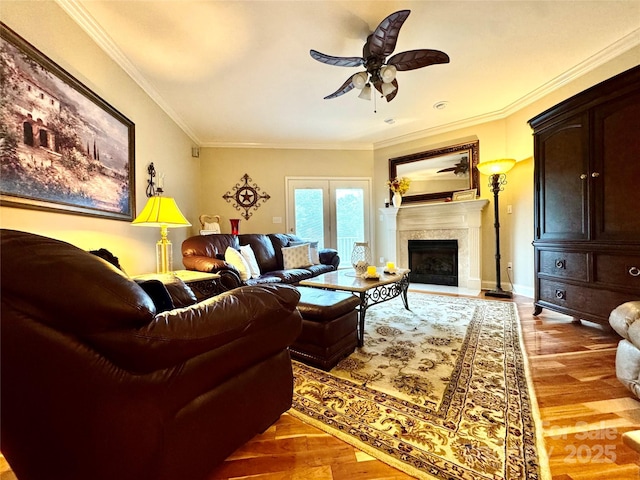 5518 Land Harbour Dr, Granite Falls, NC 28630 - living room with crown molding, wood finished floors, a fireplace, baseboards, and ceiling fan