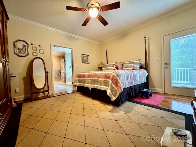 5518 Land Harbour Dr, Granite Falls, NC 28630 - bedroom with a ceiling fan, baseboards, ornamental molding, and access to exterior