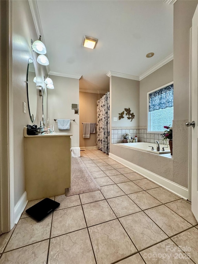 5518 Land Harbour Dr, Granite Falls, NC 28630 - bathroom featuring crown molding, a garden tub, tile patterned floors, and vanity