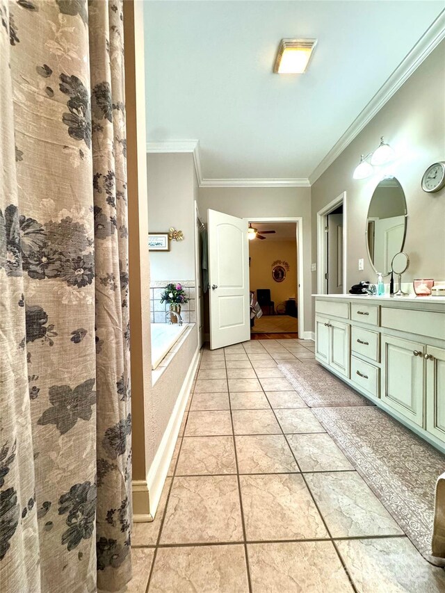 5518 Land Harbour Dr, Granite Falls, NC 28630 - full bath featuring vanity, ornamental molding, a garden tub, tile patterned floors, and a ceiling fan