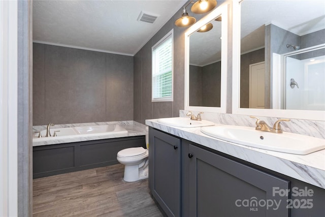 71 Austin Dr, Marshall, NC 28753 - bathroom with wood finished floors, a bath, double vanity, a shower, and toilet
