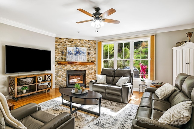 living room with crown molding, ceiling fan, a stone fireplace, and wood finished floors