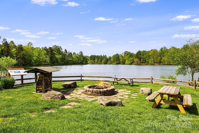 view of water feature with a view of trees and a fire pit