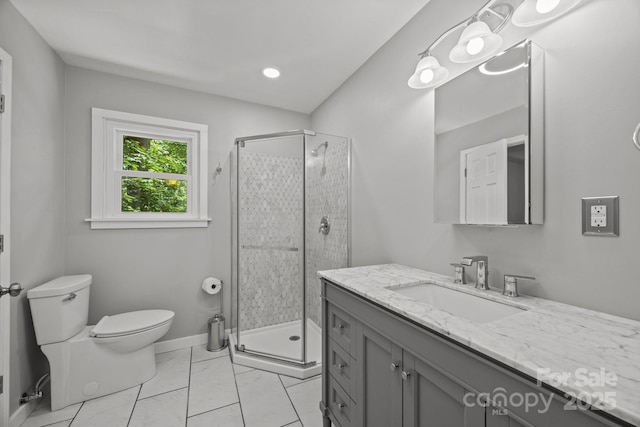 1128 Forest St, Mars Hill, NC 28754 - full bathroom featuring toilet, vanity, a stall shower, and baseboards