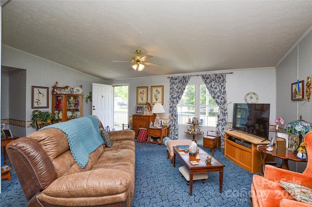 carpeted living room featuring a ceiling fan, ornamental molding, a textured ceiling, and vaulted ceiling
