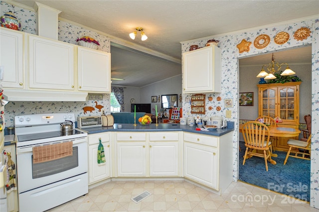 kitchen featuring wallpapered walls, white electric stove, crown molding, and under cabinet range hood