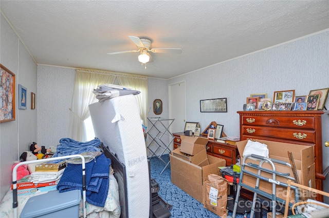 bedroom featuring crown molding, a textured ceiling, and carpet