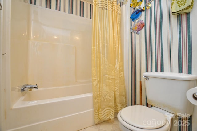 bathroom with wallpapered walls, toilet, tile patterned flooring, and shower / bathtub combination with curtain