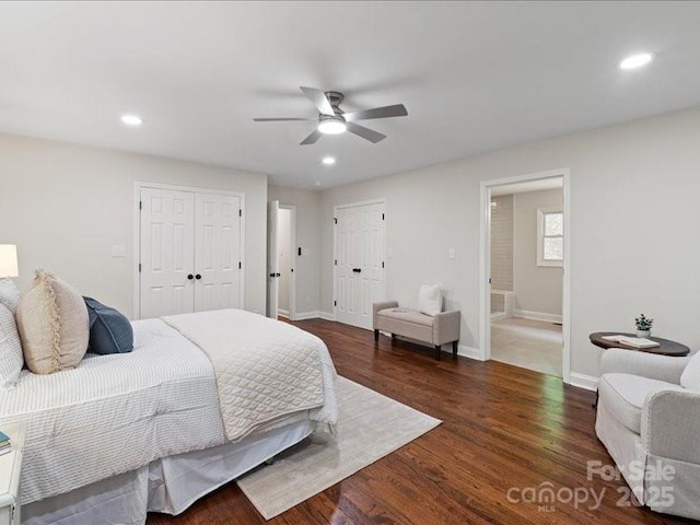300 Hugh Crocker Rd, Matthews, NC 28104 - bedroom featuring recessed lighting, wood finished floors, baseboards, multiple closets, and a ceiling fan
