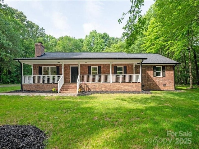 300 Hugh Crocker Rd, Matthews, NC 28104 - ranch-style house with a porch, brick siding, a chimney, a front yard, and crawl space