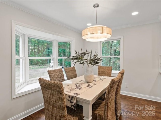 300 Hugh Crocker Rd, Matthews, NC 28104 - dining room with crown molding, baseboards, dark wood finished floors, and recessed lighting