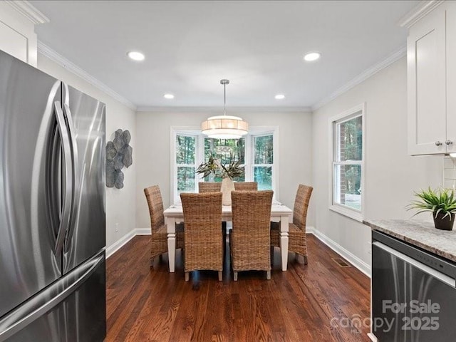 300 Hugh Crocker Rd, Matthews, NC 28104 - dining area with dark wood-type flooring, healthy amount of natural light, baseboards, recessed lighting, and ornamental molding