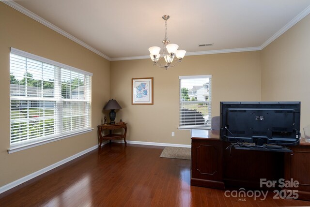 4321 Tucker Chase Dr, Midland, NC 28107 - office area with an inviting chandelier, ornamental molding, plenty of natural light, and visible vents