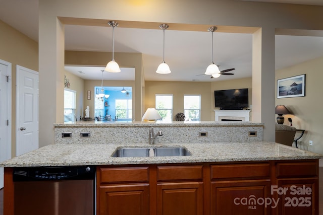 4321 Tucker Chase Dr, Midland, NC 28107 - kitchen with a ceiling fan, a sink, open floor plan, stainless steel dishwasher, and light stone countertops