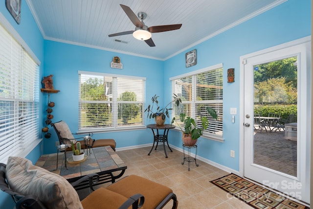 4321 Tucker Chase Dr, Midland, NC 28107 - sitting room with ornamental molding, visible vents, a ceiling fan, light tile patterned floors, and baseboards