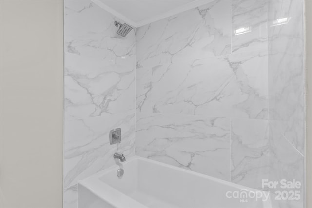 full bathroom with shower / bath combination and ornamental molding