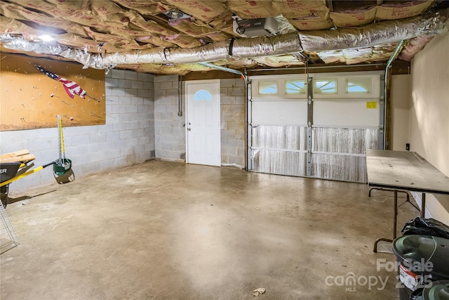basement with a garage and concrete block wall
