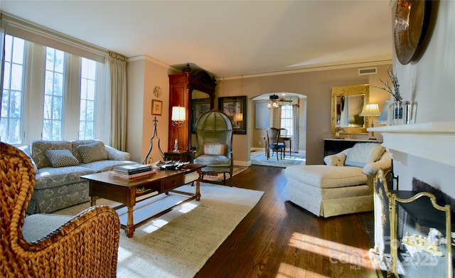 185 Macon Ave Unit 9B, Asheville, NC 28804 - living area with wood finished floors, a ceiling fan, arched walkways, ornamental molding, and baseboards