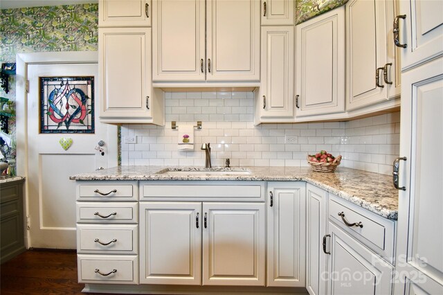 185 Macon Ave Unit 9B, Asheville, NC 28804 - kitchen with a sink, decorative backsplash, light stone counters, and dark wood finished floors