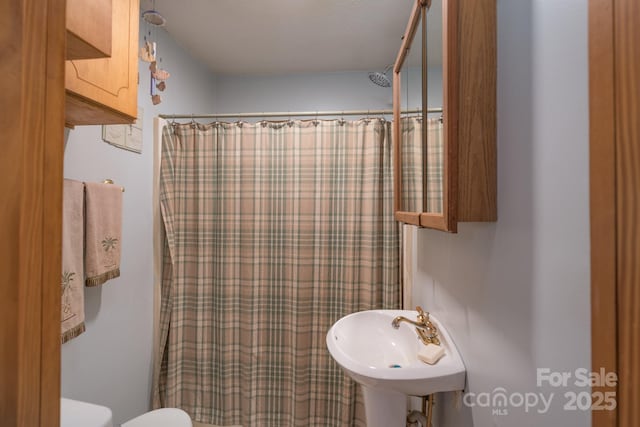 857 Hills Rd, Belmont, NC 28012 - bathroom with a sink, toilet, and a shower with curtain