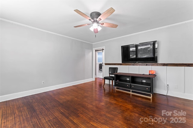 851 Gist Rd, Rock Hill, SC 29732 - living room featuring a ceiling fan, ornamental molding, wood finished floors, and baseboards