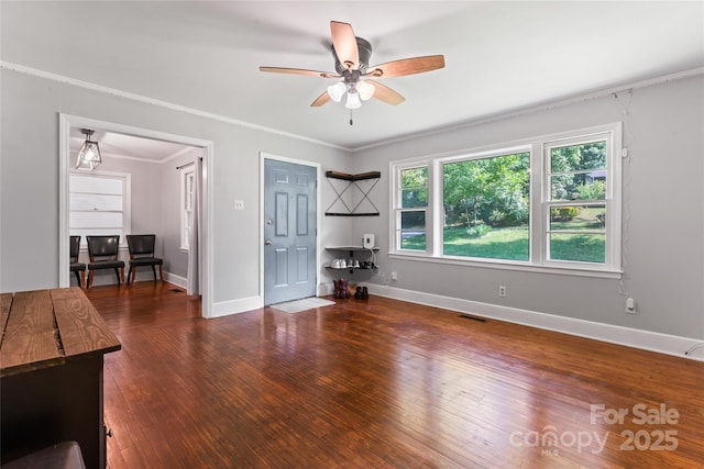 851 Gist Rd, Rock Hill, SC 29732 - living room featuring a ceiling fan, wood-type flooring, crown molding, and baseboards