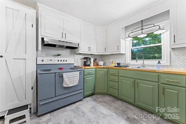 851 Gist Rd, Rock Hill, SC 29732 - kitchen featuring electric stove, under cabinet range hood, wood counters, a sink, and white cabinetry