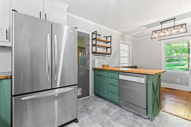 851 Gist Rd, Rock Hill, SC 29732 - kitchen with freestanding refrigerator, butcher block counters, dishwashing machine, green cabinets, and white cabinets