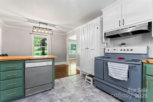 851 Gist Rd, Rock Hill, SC 29732 - kitchen featuring butcher block countertops, range with electric cooktop, under cabinet range hood, dishwashing machine, and ornamental molding