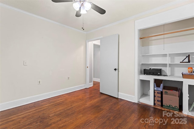 851 Gist Rd, Rock Hill, SC 29732 - unfurnished office with wood finished floors, ornamental molding, baseboards, ceiling fan, and built in shelves
