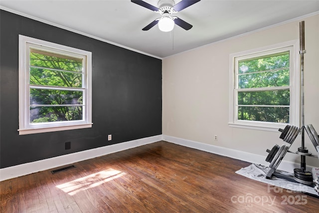 851 Gist Rd, Rock Hill, SC 29732 - empty room with dark wood-style floors, ornamental molding, baseboards, and ceiling fan