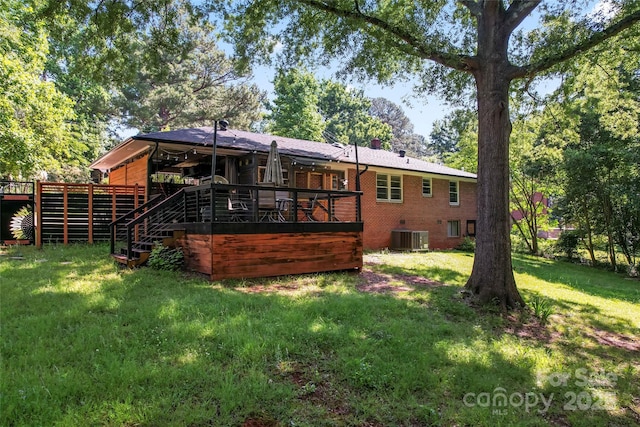 851 Gist Rd, Rock Hill, SC 29732 - rear view of house with central air condition unit, a wooden deck, a yard, brick siding, and stairs