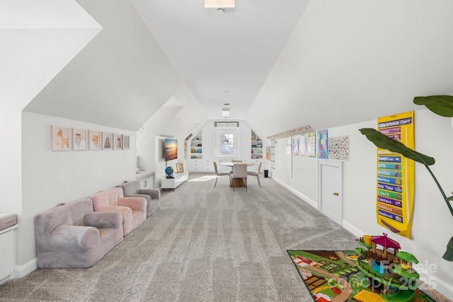 12613B Oak Grove Rd, Stanfield, NC 28163 - recreation room featuring carpet, lofted ceiling, and baseboards
