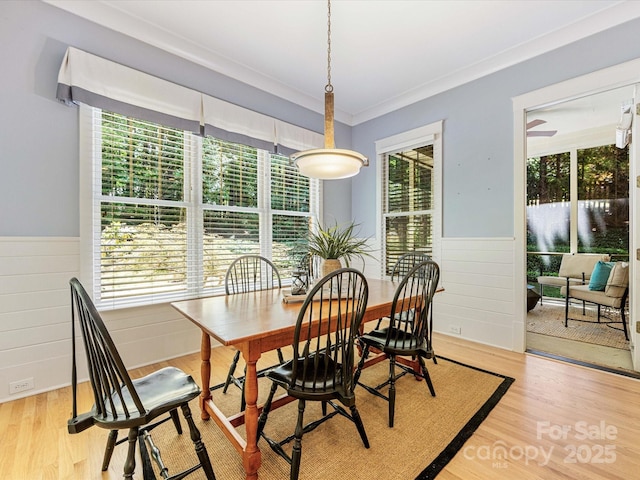 3825 Mountain Cove Dr, Charlotte, NC 28216 - dining room featuring a wainscoted wall, light wood-style floors, ornamental molding, and wood walls
