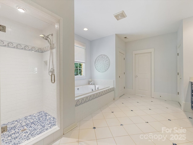 3825 Mountain Cove Dr, Charlotte, NC 28216 - bathroom with a stall shower, a bath, recessed lighting, and baseboards