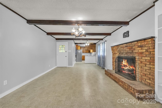 133 Jo Monni Loop, Statesville, NC 28625 - unfurnished living room featuring a fireplace, a textured ceiling, baseboards, beamed ceiling, and a chandelier