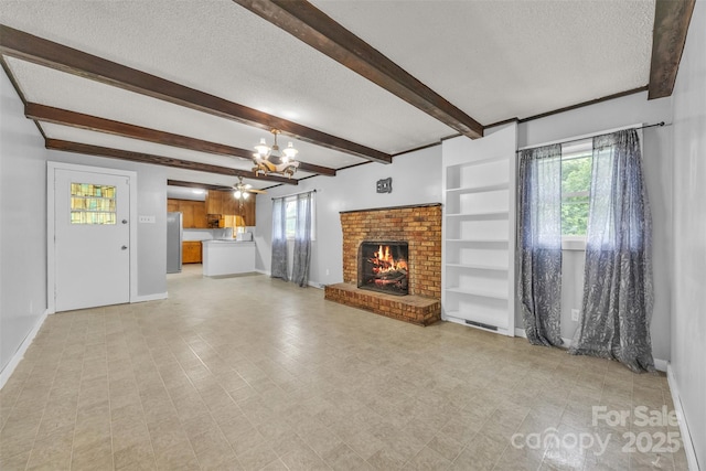 133 Jo Monni Loop, Statesville, NC 28625 - unfurnished living room featuring a textured ceiling, baseboards, a chandelier, a brick fireplace, and beamed ceiling