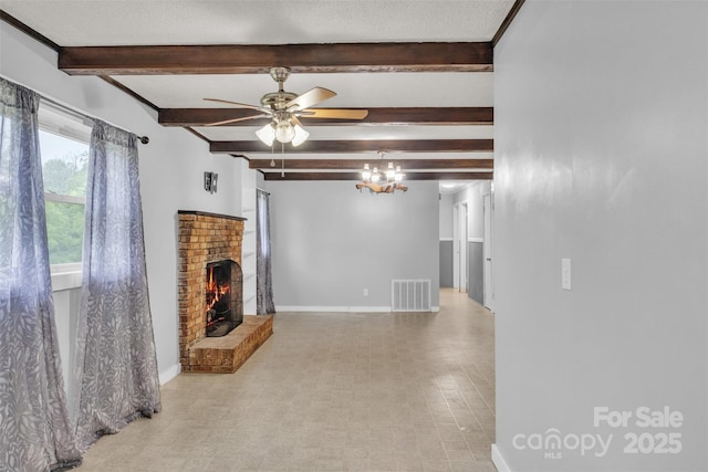 133 Jo Monni Loop, Statesville, NC 28625 - unfurnished living room with beamed ceiling, a brick fireplace, a ceiling fan, and baseboards