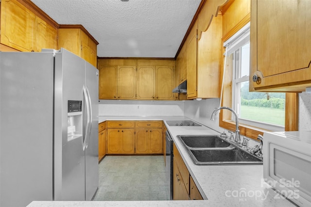 133 Jo Monni Loop, Statesville, NC 28625 - kitchen with stainless steel fridge with ice dispenser, a sink, white microwave, black electric cooktop, and light countertops